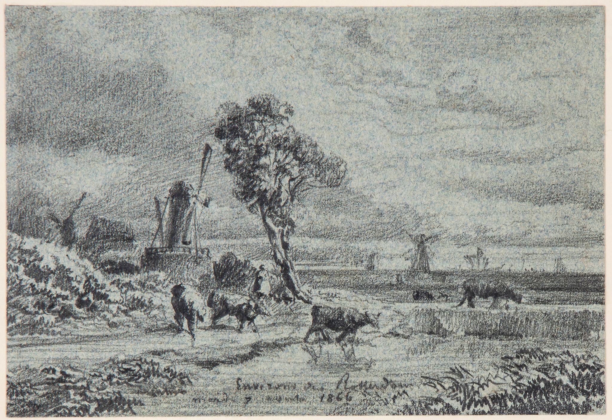 Auguste Borget (1809-1877) - Dutch landscape with windmill; Rural landscape near Rotterdam One