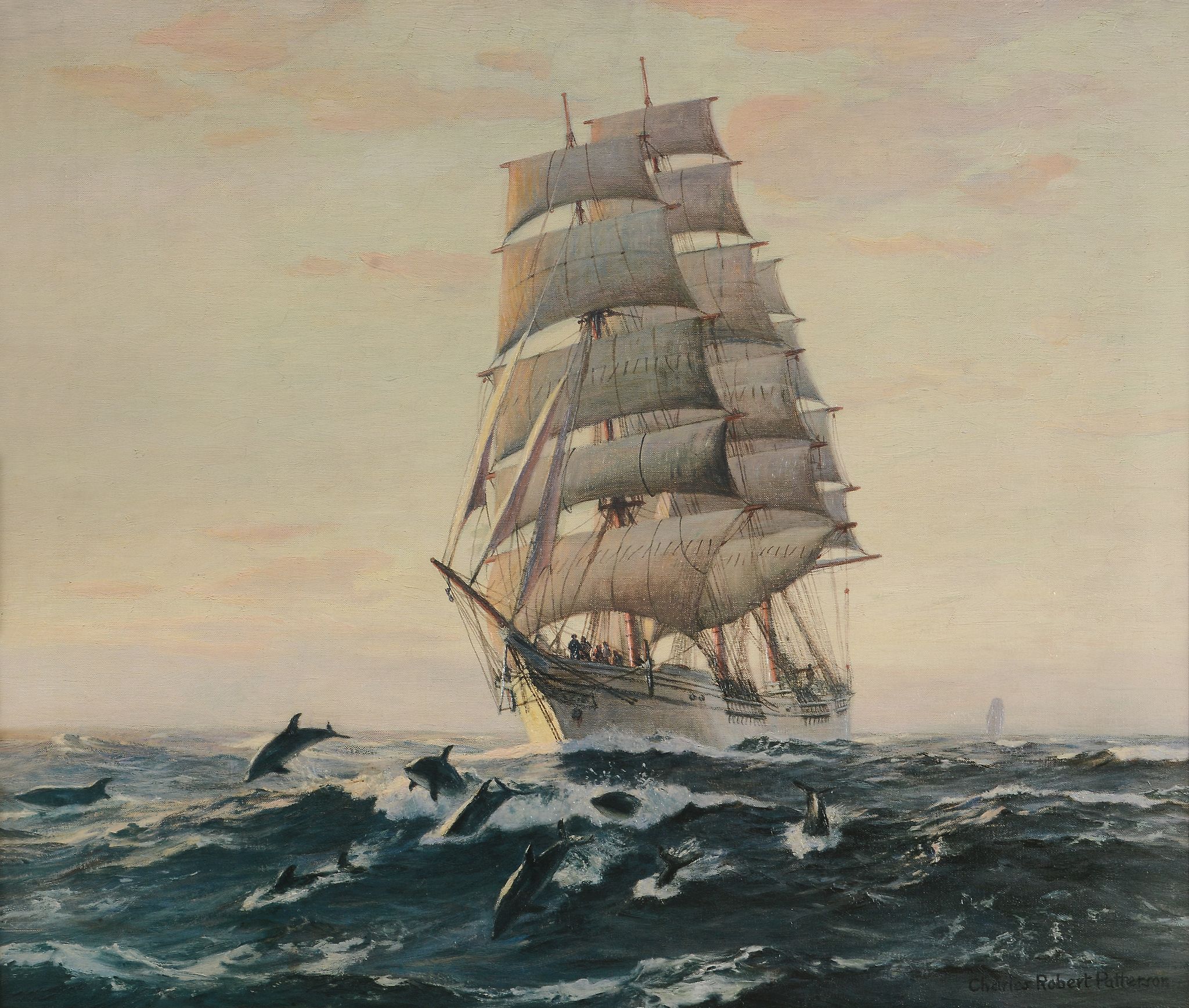 Charles Robert Patterson (1878-1958) - Under full sail, sailing ship with school of dolphins Oil