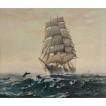 Charles Robert Patterson (1878-1958) - Under full sail, sailing ship with school of dolphins Oil