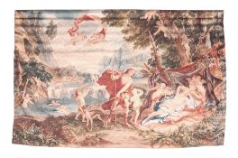 Two printed hessian wall hangings in the manner of Renaissance tapestries  Two printed hessian