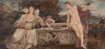 After Titian - Sacred and Profane Love Oil on board Inscribed   Kop. n. Tizian/ L. Forensen