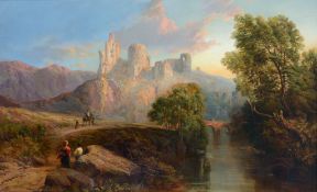 Circle of James Webb (1825-1895) - River landscape at sunset, with castle ruins Oil on canvas