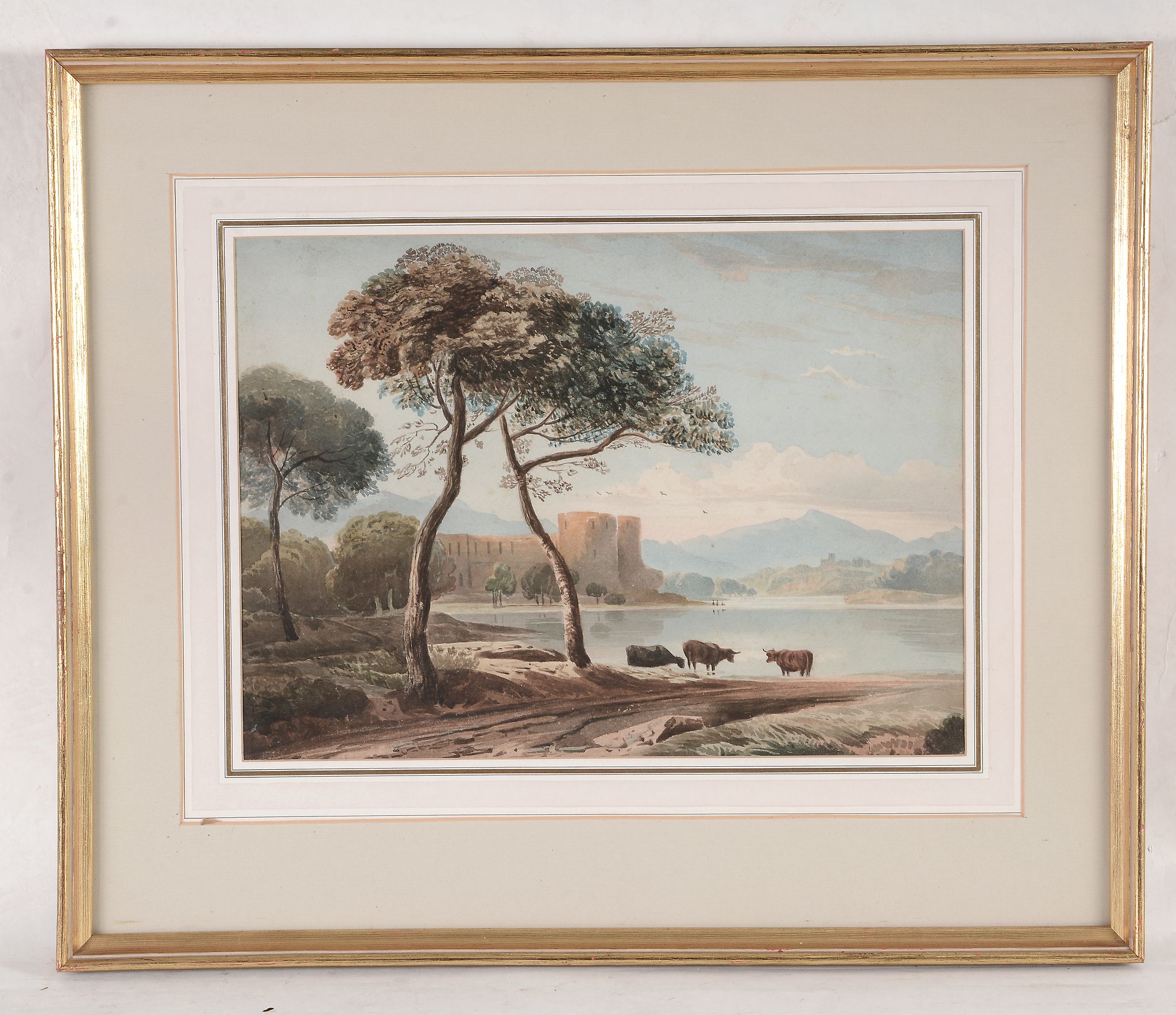 Circle of John Varley (1778-1842) - A lake scene with castle, cattle in the foreground Watercolour - Image 3 of 3