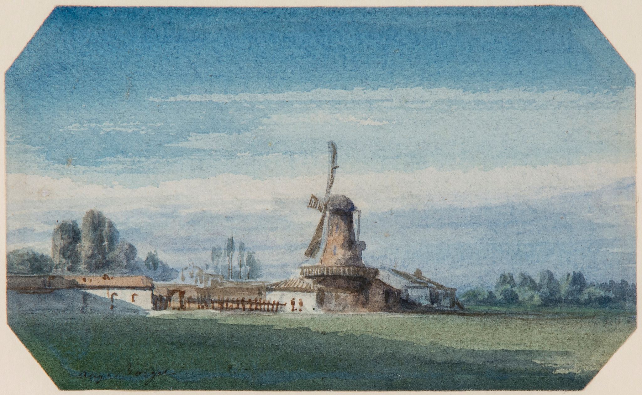 Auguste Borget (1809-1877) - Dutch landscape with windmill; Rural landscape near Rotterdam One - Image 2 of 2