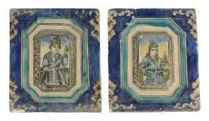 A large pair of Qajar Persian Tiles, 19th century, 41cm x 35.5cm  A large pair of Qajar Persian