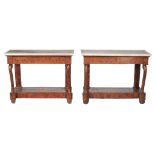 A pair of Louis Philippe burr elm and marble mounted console tables  A pair of Louis Philippe burr