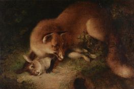 English School (19th Century) - A fox with its catch Oil on canvas Indistinctly initialed   E.