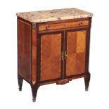 Louis XVI style marble topped mahogany and kingwood side cabinet  Louis XVI style marble topped
