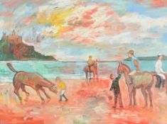 Simeon Stafford (b.1956) - Exercising the horses, St. Michael's Mount Acrylics on canvas Signed