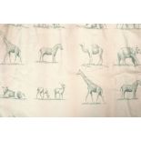 A pair of Andrew Martin patterned curtains , decorated with animals in green  A pair of Andrew