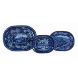 Three various Staffordshire dark-blue and white printed pottery meat dishes  Three various