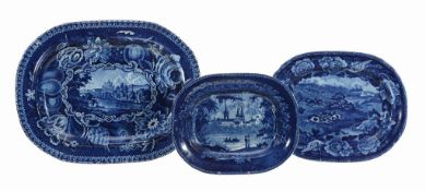 Three various Staffordshire dark-blue and white printed pottery meat dishes  Three various