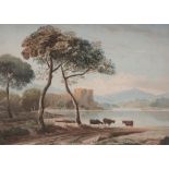 Circle of John Varley (1778-1842) - A lake scene with castle, cattle in the foreground Watercolour