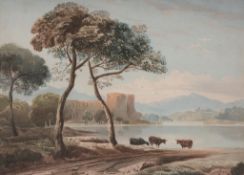 Circle of John Varley (1778-1842) - A lake scene with castle, cattle in the foreground Watercolour