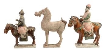Three Tang style pottery models of Horses , two with riders  Three Tang style pottery models of