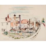 Peter Samuelson (1912-1996) - View overlooking the gardens and rear of a row of houses with pub; The