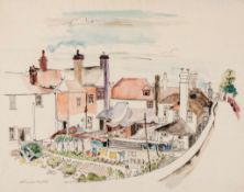 Peter Samuelson (1912-1996) - View overlooking the gardens and rear of a row of houses with pub; The