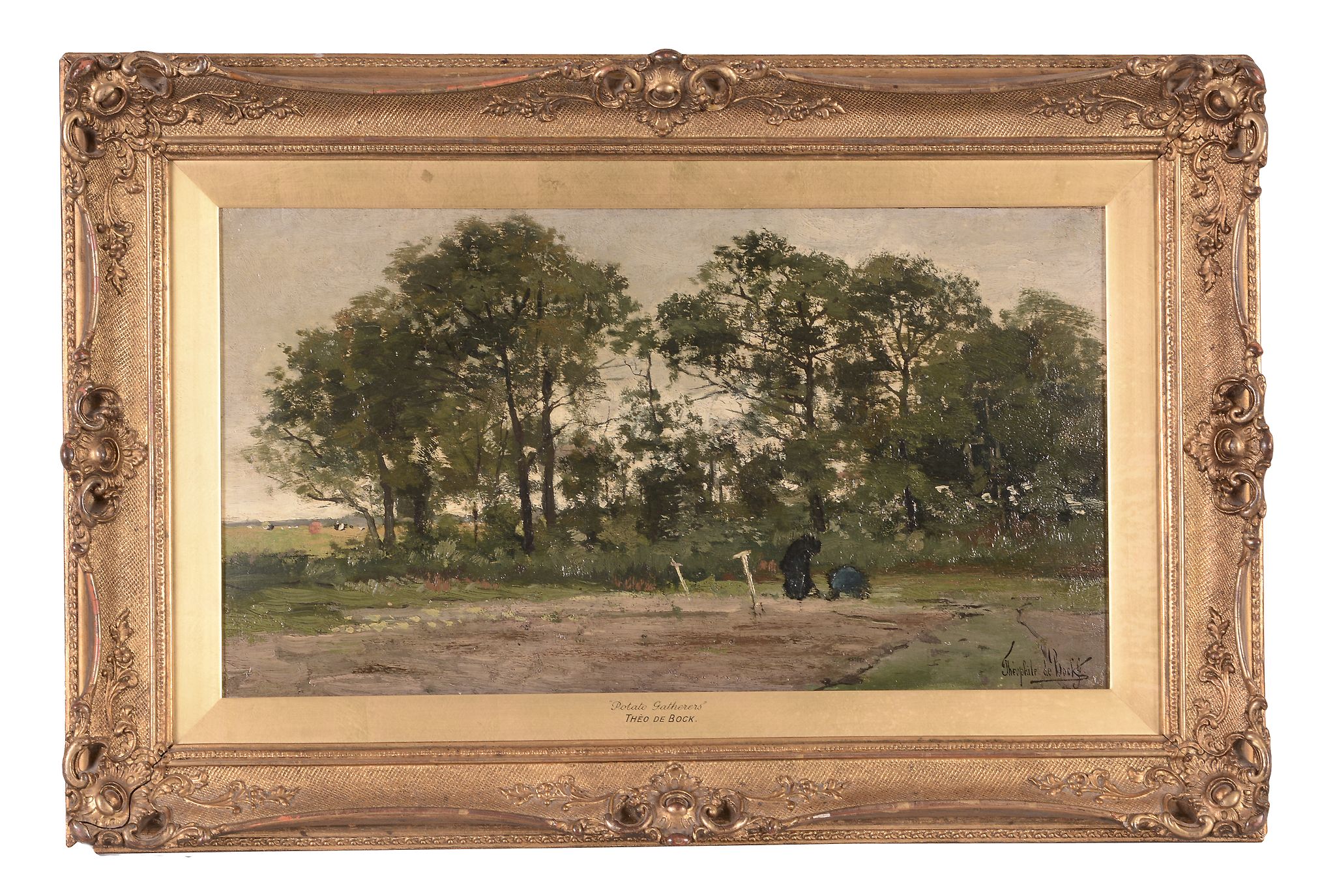 Théophile de Bock (1851-1904) - Potato Gatherers Oil on panel Signed lower right 30 x 54 cm. (11 3/4 - Image 3 of 3