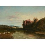 William Linton (1791-1876) - A Roman River Scene Oil on board Manuscript pen and ink label on