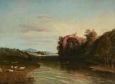 William Linton (1791-1876) - A Roman River Scene Oil on board Manuscript pen and ink label on