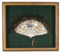 A Chinese peacock feather painted fan, the fan approximately 56cm wide open  A Chinese peacock