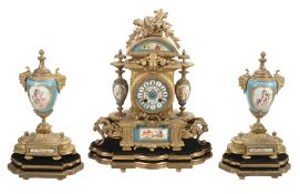 A French gilt metal and Sevres style porcelain mantel clock garniture, unsigned  A French gilt metal