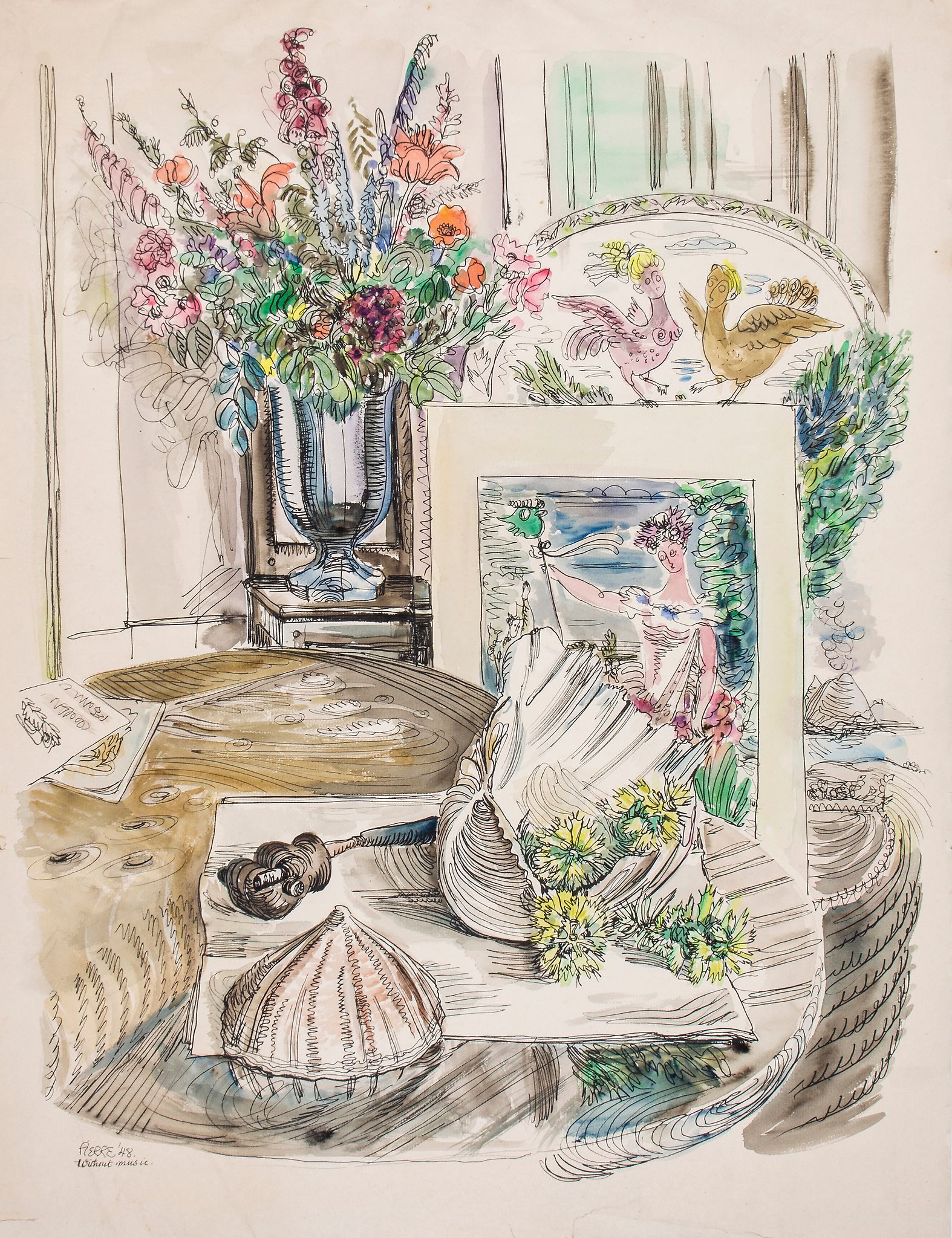 Peter Samuelson (1912-1996) - Without Music; An interior with still life of flowers, and with a