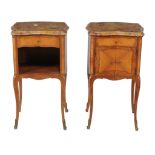 A companion pair of marble topped kingwood bedside cupboards , 20th century  A companion pair of