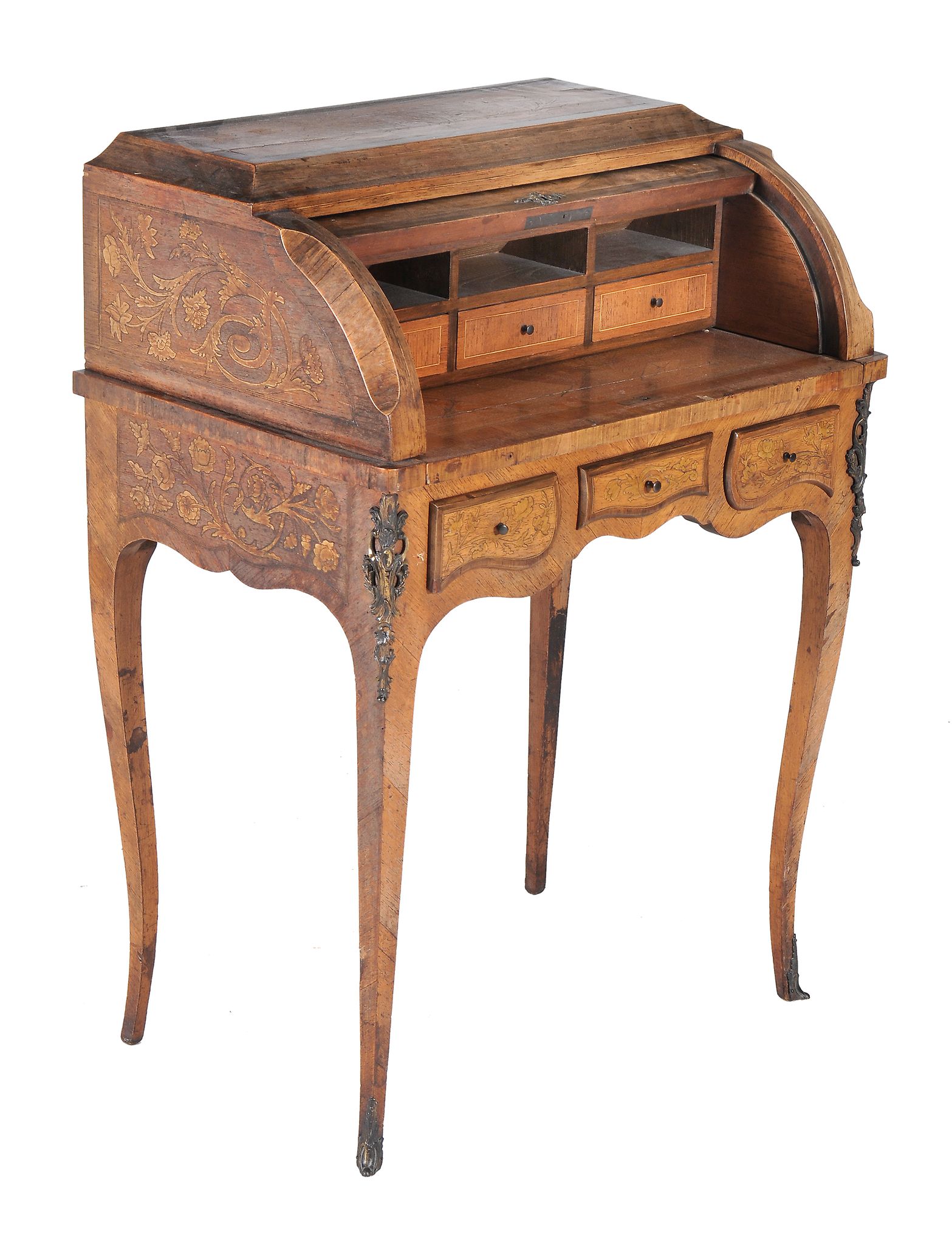 A French rosewood and floral marquetry, gilt metal mounted bureau a cylindre - Image 3 of 7