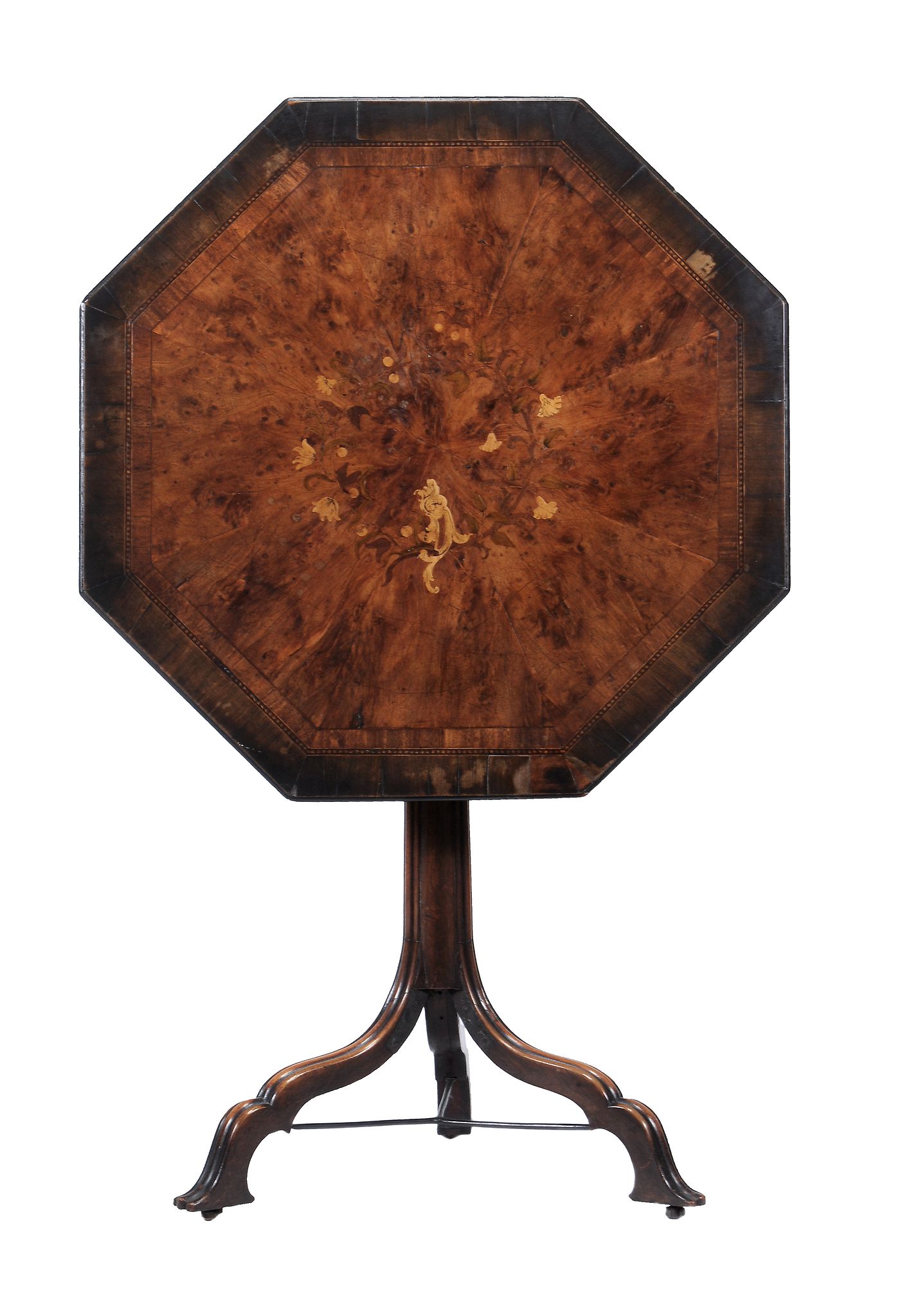 A George III burr yew, mahogany and floral marquetry octagonal tripod table