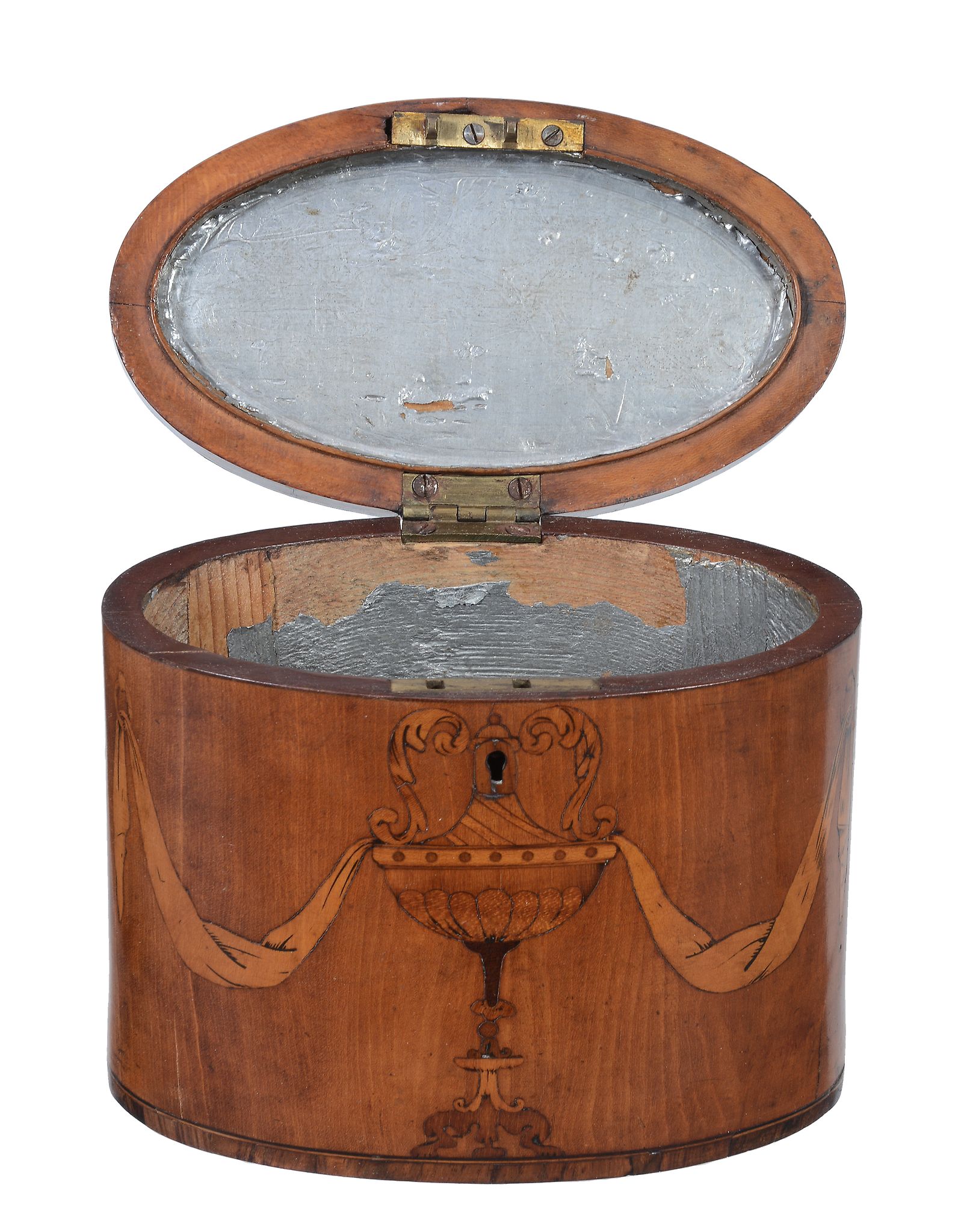 A George III satinwood and marquetry tea caddy, circa 1775, of oval section - Image 2 of 4