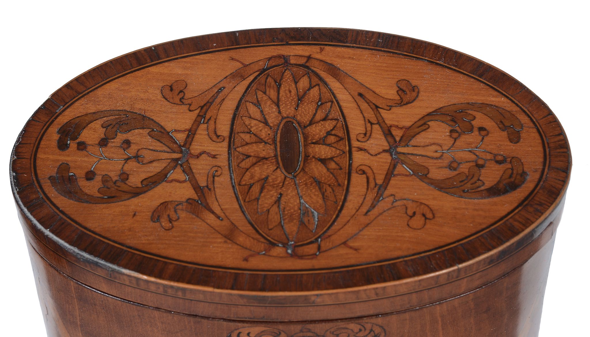 A George III satinwood and marquetry tea caddy, circa 1775, of oval section - Image 3 of 4