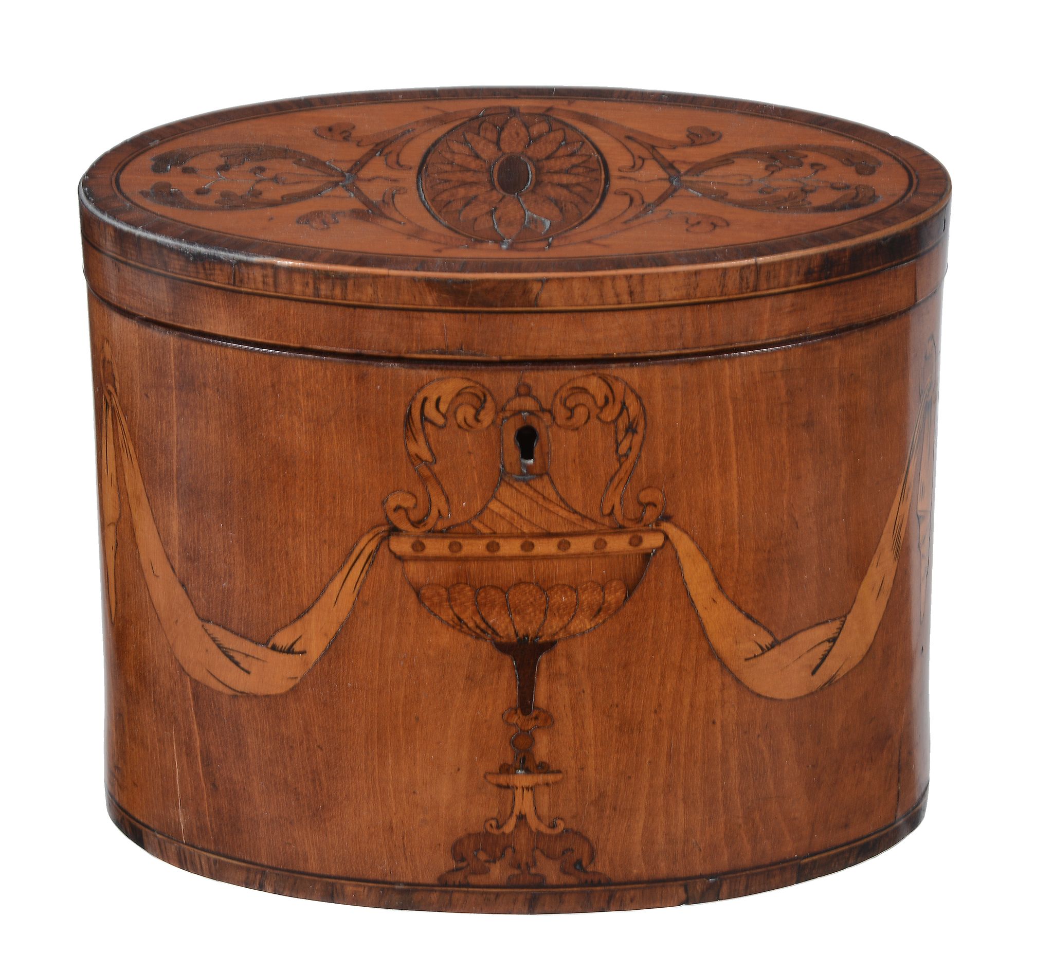 A George III satinwood and marquetry tea caddy, circa 1775, of oval section