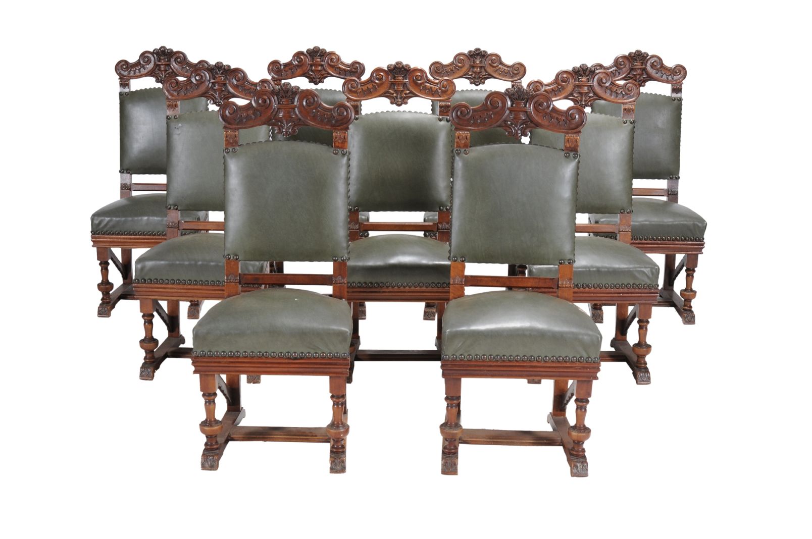 A set of eighteen carved walnut dining chairs, circa 1890, each padded rectangular back with C - Image 4 of 5