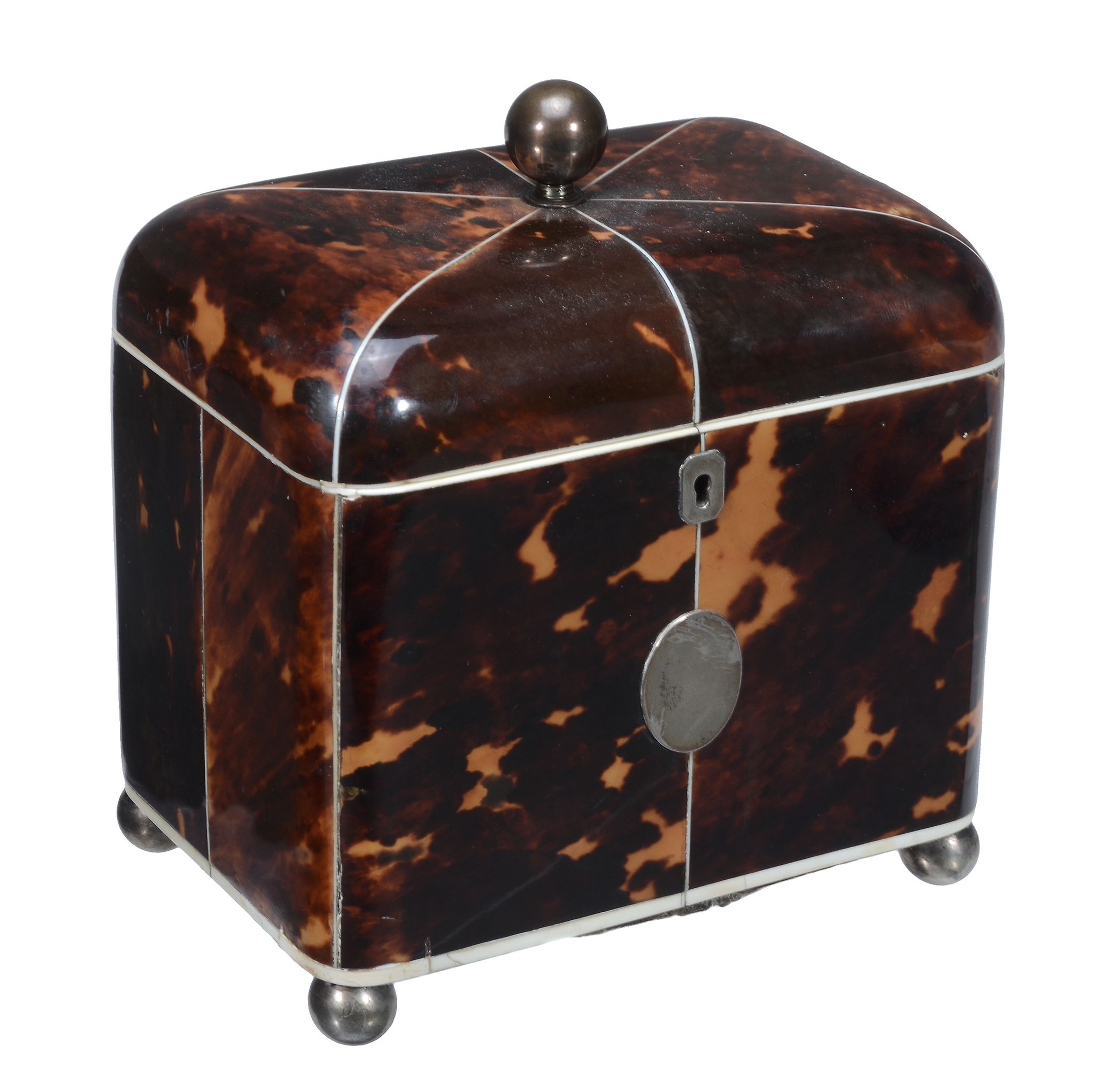 A late George III tortoiseshell veneered and ivory banded tea caddy