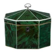 A late George III green stained tortoiseshell veneered and ivory strung tea caddy, circa 1800, of