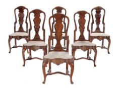 A set of six Dutch walnut, burr walnut and marquetry side chairs