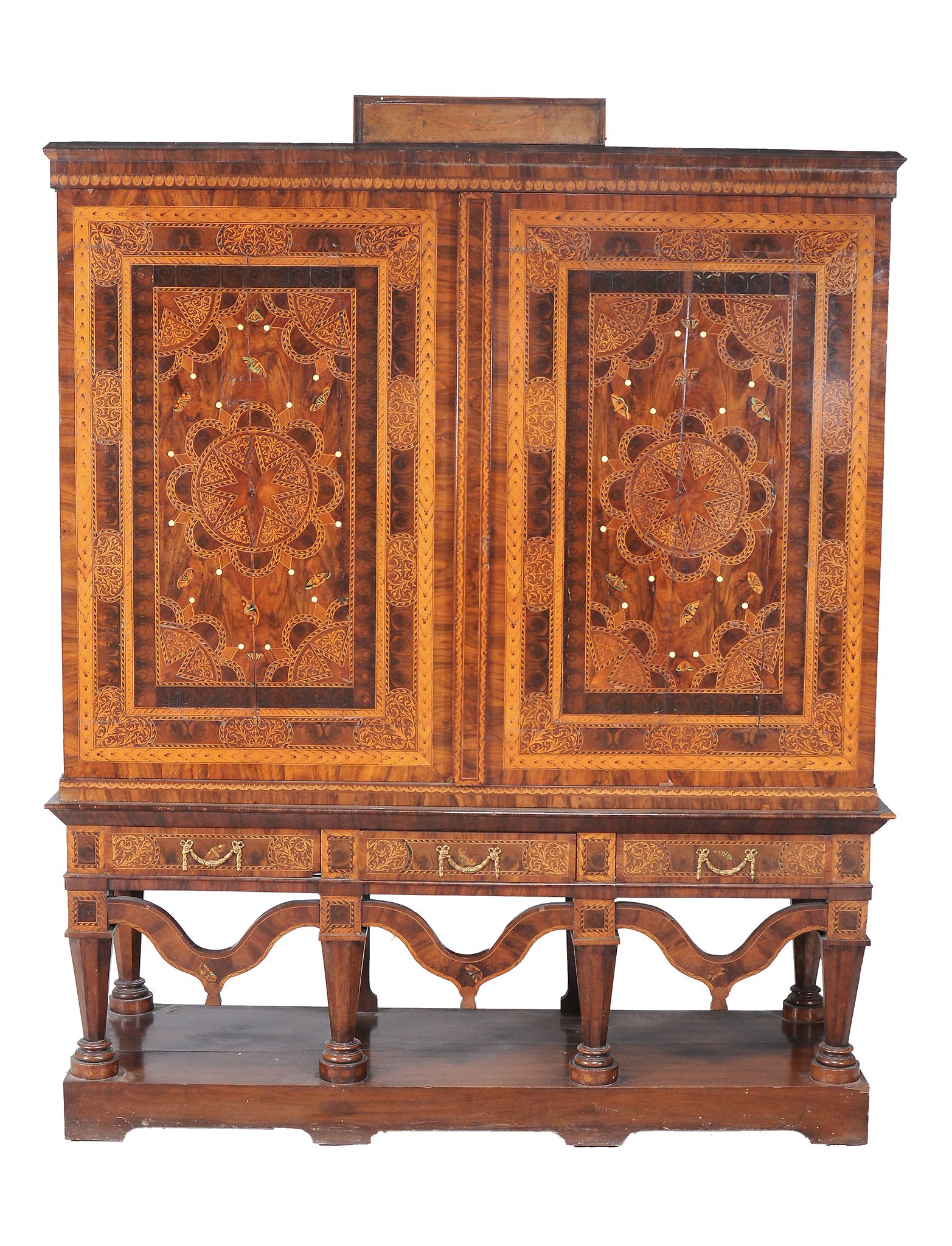 A Dutch walnut and seaweed marquetry press cupboard, circa 1750