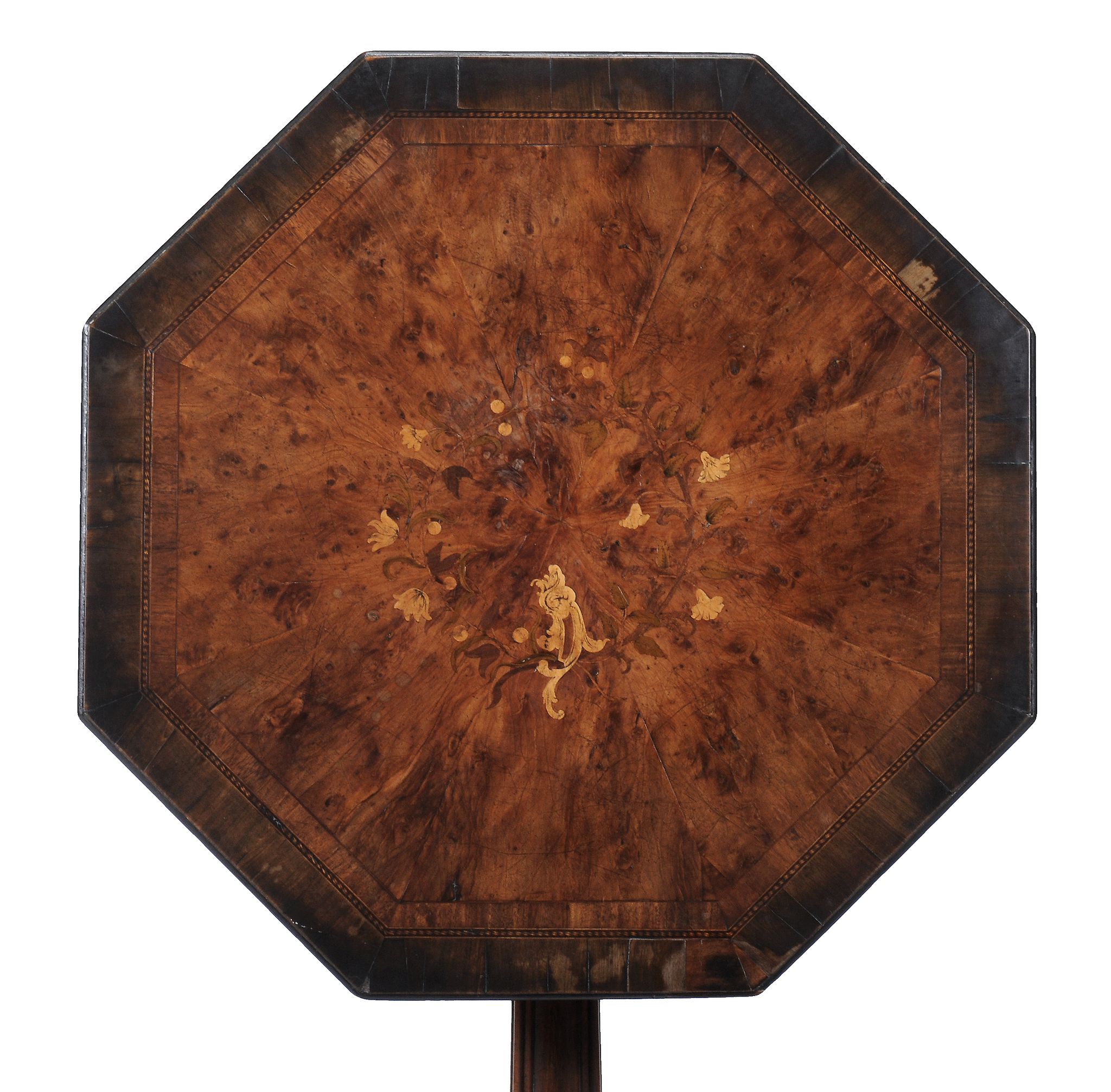 A George III burr yew, mahogany and floral marquetry octagonal tripod table - Image 3 of 3