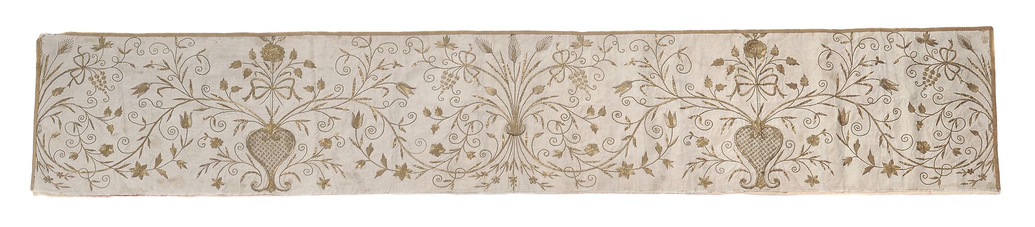 A Continental late 17th century gilt-metal embroidered floral silk panel