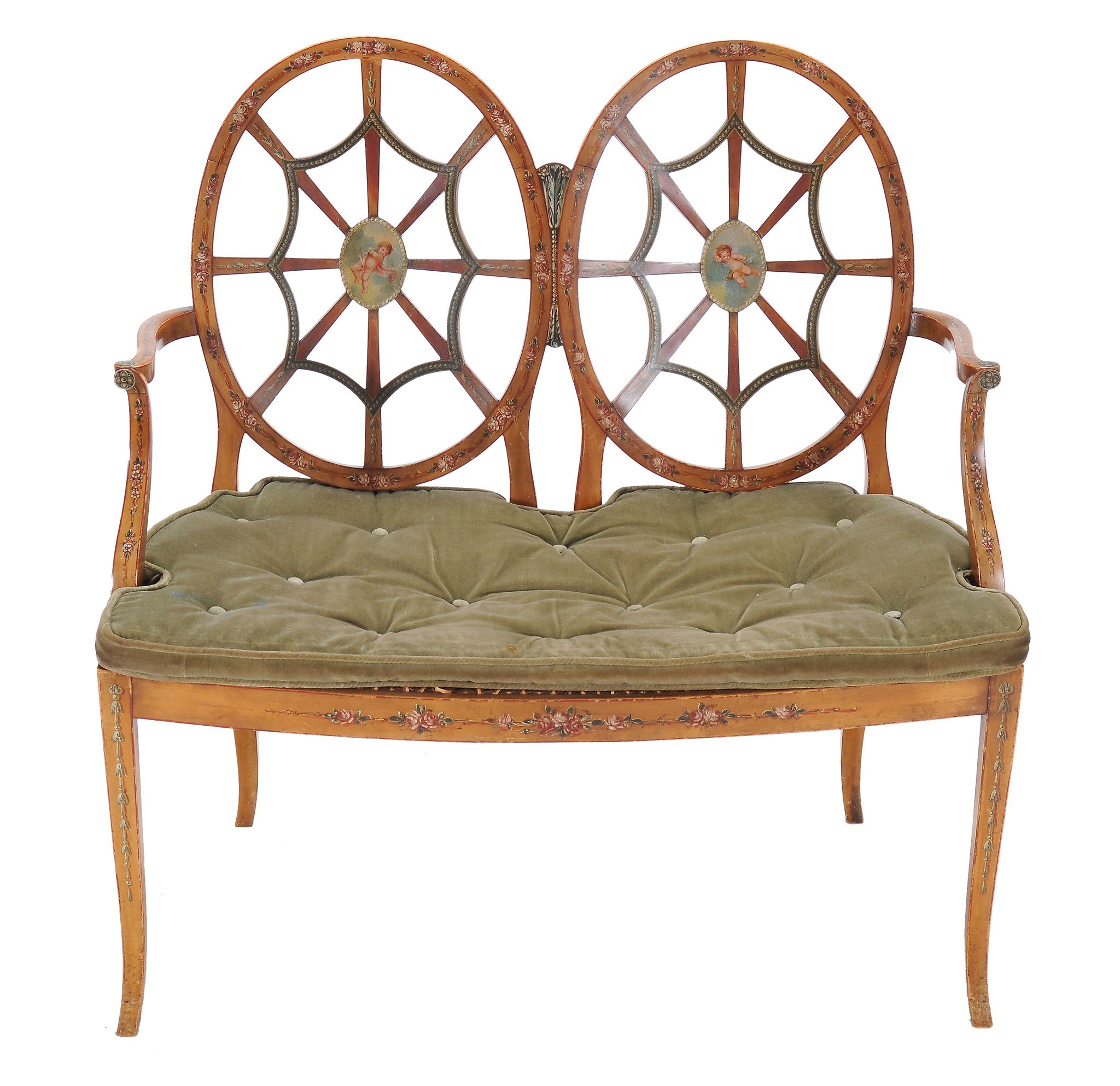 A Victorian painted beech chair back sette, circa 1890