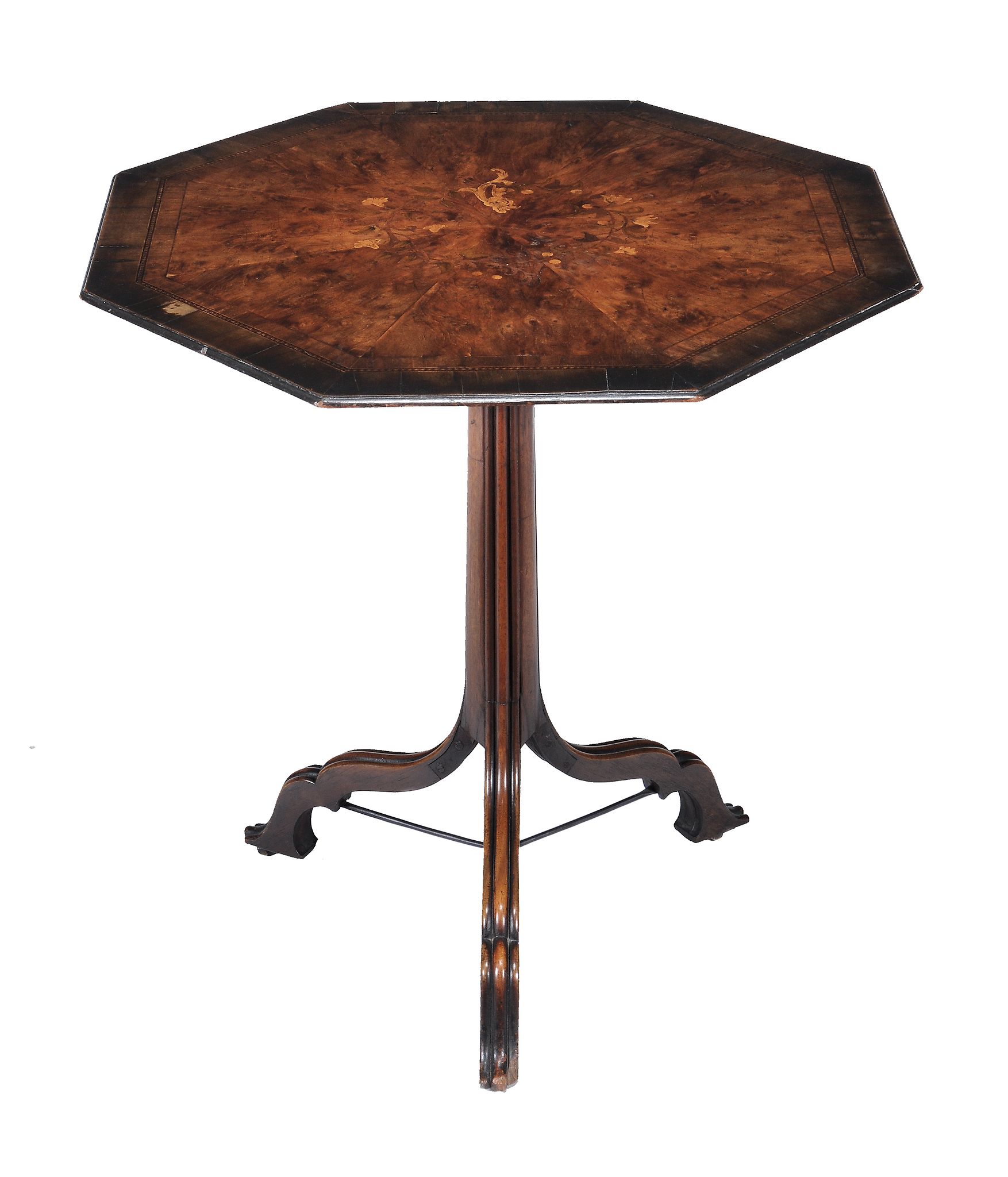 A George III burr yew, mahogany and floral marquetry octagonal tripod table - Image 2 of 3