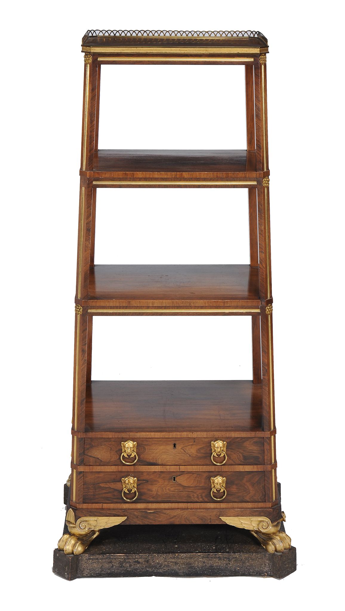 A Regency rosewood and gilt metal mounted four tier whatnot, circa 1815