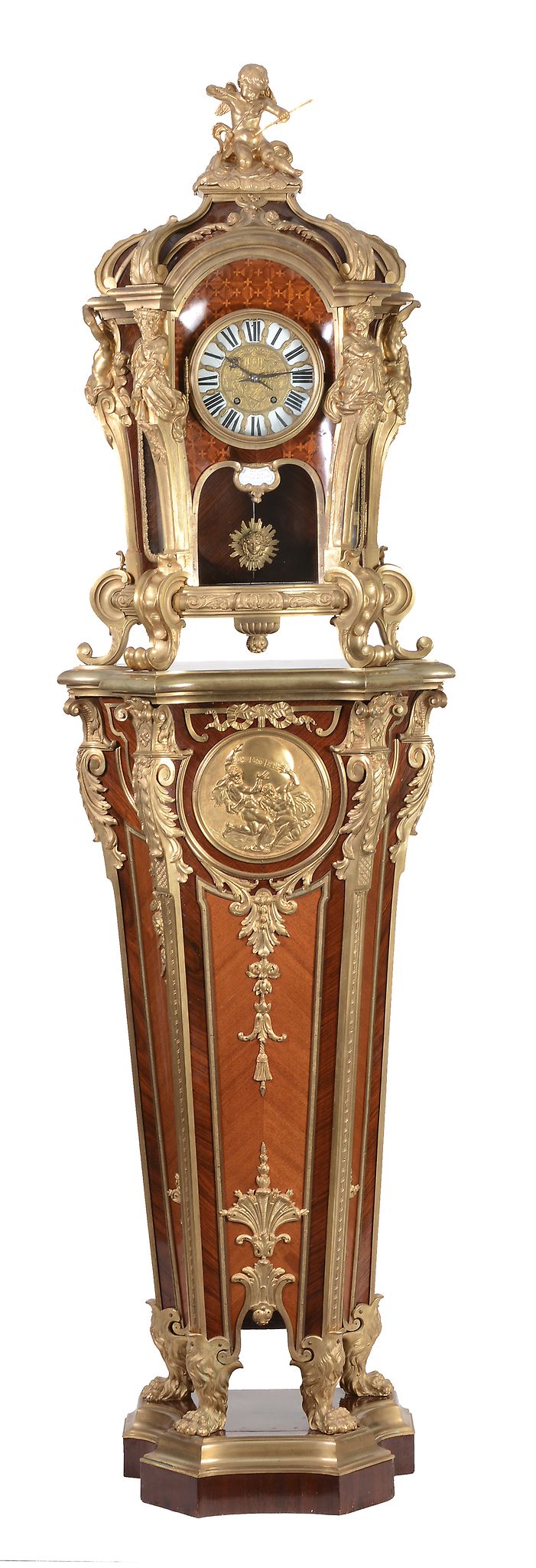 An impressive French Louis XV style ormolu mounted kingwood pedestal clock...