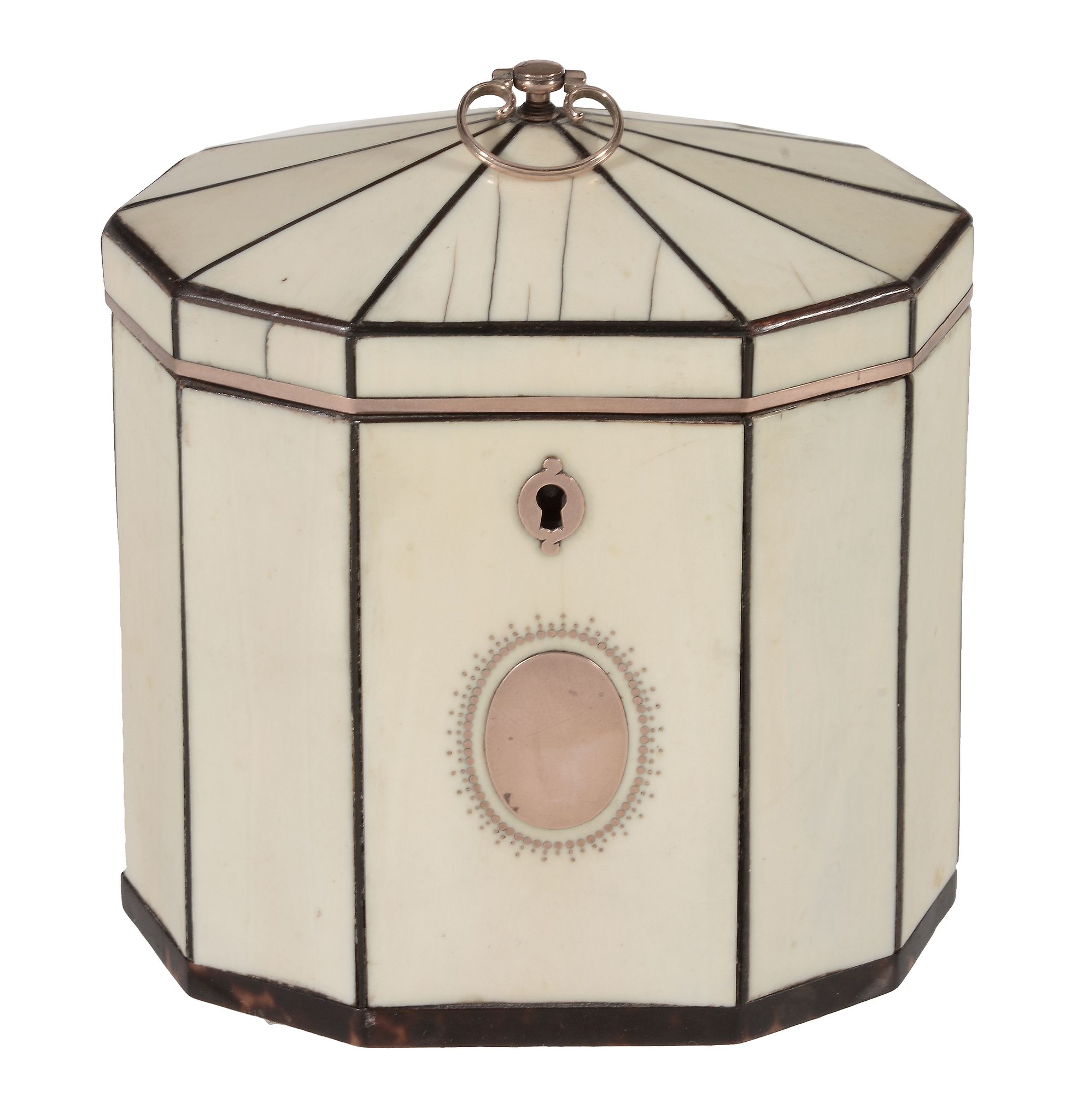 A George III ivory veneered and yellow metal mounted tea caddy