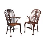 A matched pair of yew and ash high back windsor armchairs, circa 1760