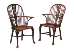 A matched pair of yew and ash high back windsor armchairs, circa 1760