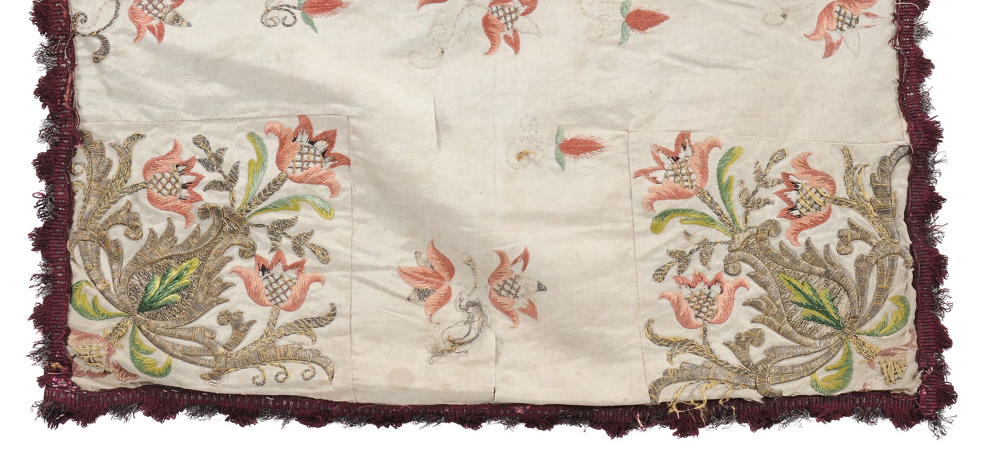 A Continental late 17th century gilt-metal embroidered floral silk panel - Image 3 of 8