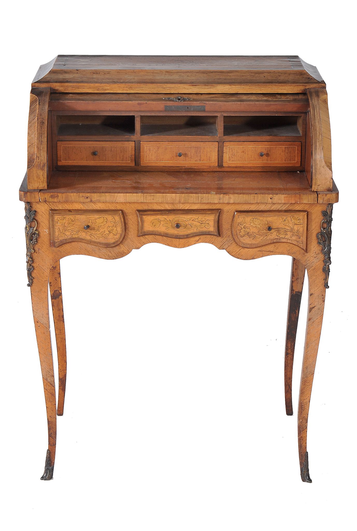 A French rosewood and floral marquetry, gilt metal mounted bureau a cylindre - Image 2 of 7