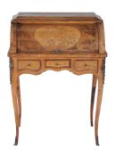 A French rosewood and floral marquetry, gilt metal mounted bureau a cylindre